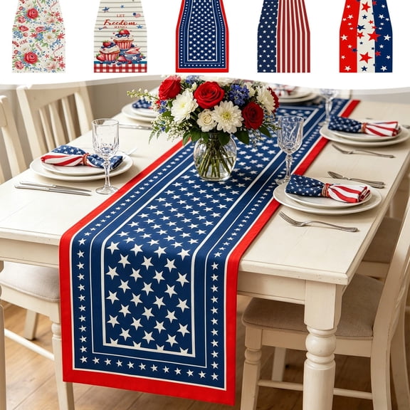 Independence Day Table Flag, Star-Spangled and Floral Prints, 13" x 71" for Dining Tea Table, Nationals Day Decorative Cabinet Flag