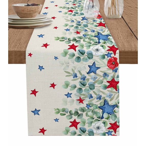 Independence Day Table Runner 108 Inches, 4th of July Star Eucalyptus Leaf Bed Runner Dresser Scarves Tabletop for Indoor Outdoor Parties/Ceremony/Banquet, 13"x 108"