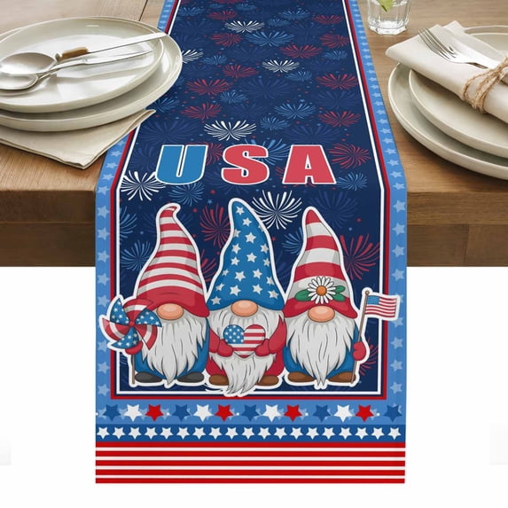 Independence Day Table Runner - 120 Inch Long, Kitchen Dining Table Runner Dresser Scarves, Patriotic Gnomes USA Flag Firework Farmhouse Decor for Coffee Tables Wedding Party Banquet