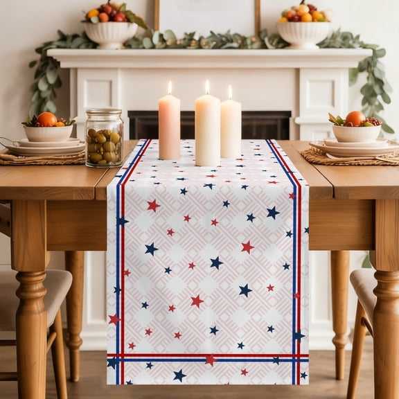 Independence Day Table Runner 13x36 Inch Red Blue Star Stripes Blue Red Framed Cotton Linen Dining Table Runner Ideal for Dresser Kitchen Coffee Tables - Machine Washable