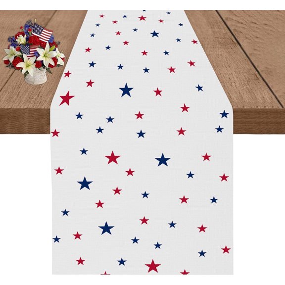 Independence Day Table Runner 13x72 Inches Blue and Red Five-Pointed Star White 4th of July Linen Table Runners Seasonal Winter Festive Holiday Table Decoration