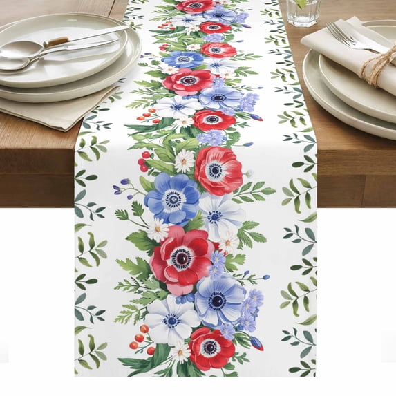 Independence Day Table Runner - 48 Inch Long, Kitchen Dining Table Runner Dresser Scarves, 4th of July Patriotic Flowers Leaves Farmhouse Decor for Coffee Tables Wedding Party Banquet