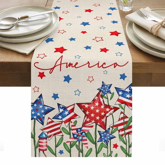 Independence Day Table Runner - 60 Inch Long, Kitchen Dining Table Runner Dresser Scarves, 4th of July Striped Stars Patriotic Burlap Farmhouse Decor for Coffee Tables Wedding Party Banquet