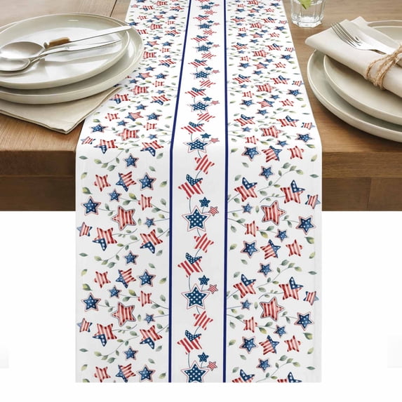 Independence Day Table Runner - 70 Inch Long, Kitchen Dining Table Runner Dresser Scarves, 4th of July Red Blue Stripes Star Leaves Farmhouse Decor for Coffee Tables Wedding Party Banquet