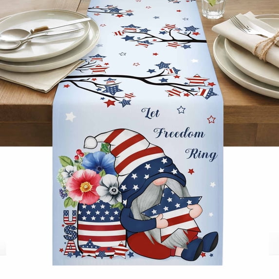 Independence Day Table Runner - 70 Inch Long, Kitchen Dining Table Runner Dresser Scarves, Red Blue Gnomes Usa Flag Star Tree Branch Farmhouse Decor for Coffee Tables Wedding Party Banquet