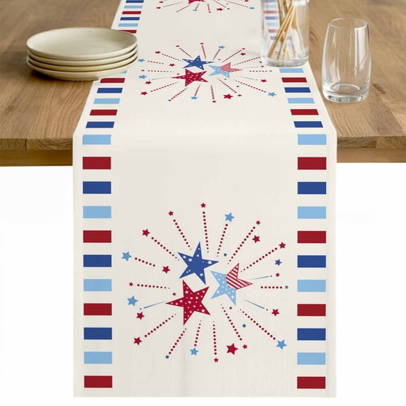 Independence Day Table Runner 70 Inches Long Farmhouse Dress Scarves, 4th of July Red Blue Striped Stars Beige Dining Tablerunner for Coffee Table/Kitchen Island/Party Décor, 13" x 70"