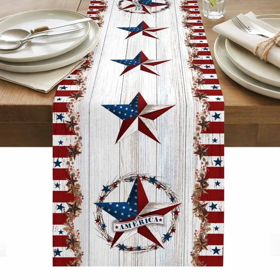 Independence Day Table Runner - 72 Inch Long, Kitchen Dining Table Runner Dresser Scarves, Farmhouse Texas Star Wooden Grain Farmhouse Decor for Coffee Tables Wedding Party Banquet