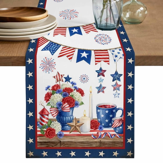 Independence Day Table Runner 72 Inches, American Flag Anniversary Star Floral Bed Runner Dresser Scarves Tabletop for Indoor Outdoor Parties/Ceremony/Banquet, 18" x 72"