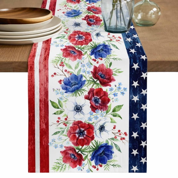 Independence Day Table Runner 72 Inches, American Flag Vintage Red Blue Flowers Bed Runner Dresser Scarves Tabletop for Indoor Outdoor Parties/Ceremony/Banquet, 18" x 72"