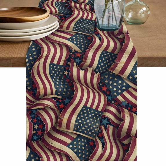 Independence Day Table Runner 72 Inches, Red Blue USA Flag Retro Patriotic Stars Stripes Bed Runner Dresser Scarves Tabletop for Indoor Outdoor Parties/Ceremony/Banquet, 13" x 72"