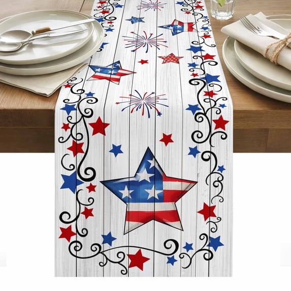 Independence Day Table Runner - 90 Inch Long, Kitchen Dining Table Runner Dresser Scarves, Red Blue Star Firework Wooden Grain Farmhouse Decor for Coffee Tables Wedding Party Banquet