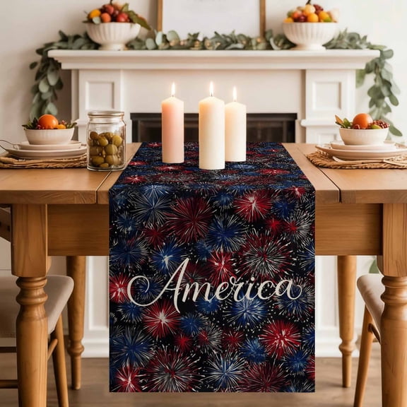 Independence Day Table Runner, America Letter Print Fantasy Colorful Firework Washable Cotton-linen Table Runners Dining Kitchen Decoration for Everyday Home Wedding Party Decor, 13 x 36 Inch