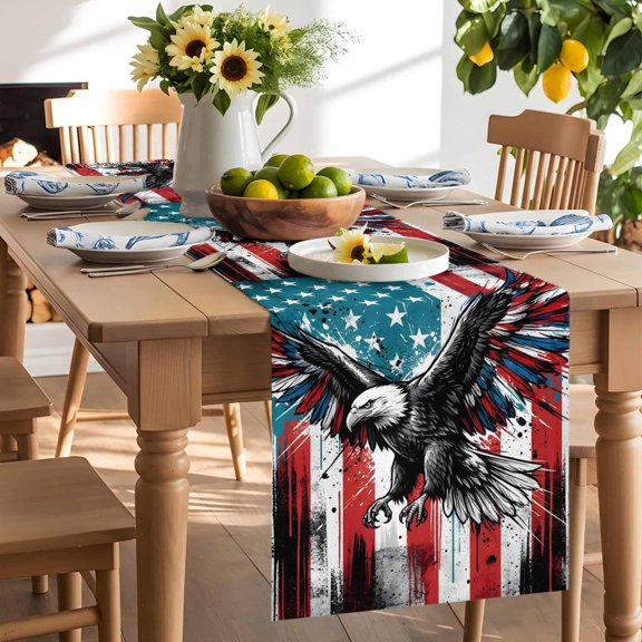 Independence Day Table Runner, American Flag Bald Eagle Splash Retro Washable Kitchen Table Runners Dress Scarves for Dining Table Decorations Party/Restaurant/Indoor Outdoor Use, 13x36in