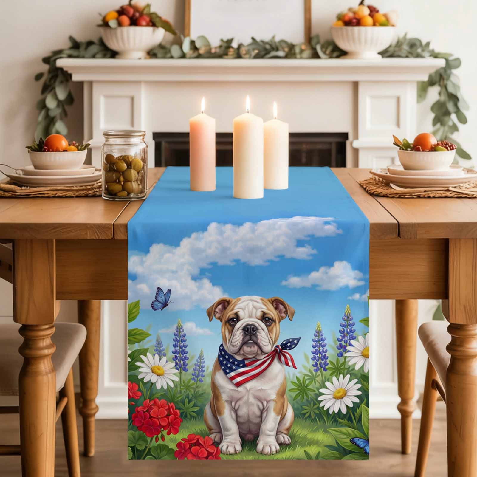 Independence Day Table Runner, American Flag Cute Dog Puppy Colorful Flower Washable Cotton-linen Table Runners Dining Kitchen Decoration for Everyday Home Wedding Party Decor, 18 x72 Inch