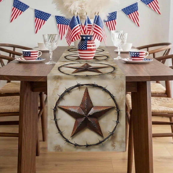 Vintage Lone Stars Dark Brown Table Runner, Independence Day Cotton Linen Kitchen Table Decoration Washable Dining Tabletop Runners for Home Party Decor 13x90 Inches