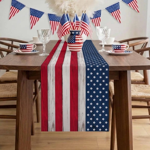 Independence Day Table Runner, American Flag Wood Grain Cotton Linen Kitchen Table Decoration Washable Dining Tabletop Runners for Home Party Decor 18x72 Inches