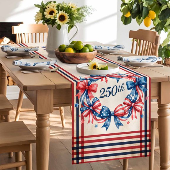 Independence Day Table Runner, American Red Black Stripes Bow Wreath 250th Brown Washable Kitchen Table Runners Dress Scarves for Dining Table Decorations Party/Restaurant, 13x108in