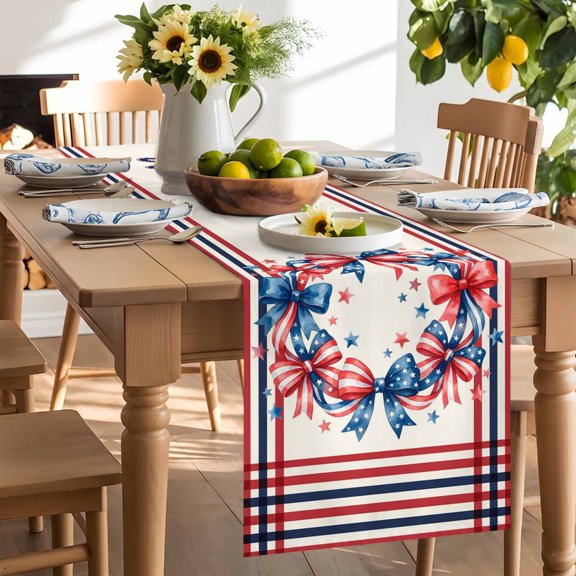 Independence Day Table Runner, American Red Black Stripes Bow Wreath Washable Kitchen Table Runners Dress Scarves for Dining Table Decorations Party/Restaurant/Indoor Outdoor Use, 13x90in