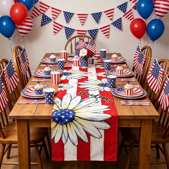 Independence Day Table Runner, American Red, Blue and Red Star Patriotic Fourth of July Table Runner 13 x 72 Inch