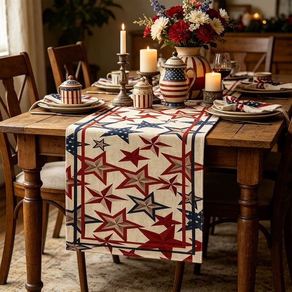 Independence Day Table Runner, American Red, Blue and Red Star Patriotic Fourth of July Table Runner 13 x 72 Inch
