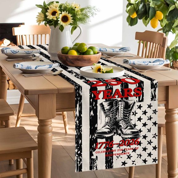 Independence Day Table Runner, Black White Star Stripes Flag Shoes Washable Kitchen Table Runners Dress Scarves for Dining Table Decorations Party/Restaurant/Indoor Outdoor Use, 13x48in