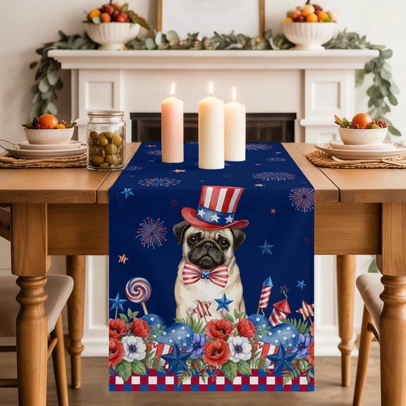Independence Day Table Runner, Cartoon Pug Dog Cute Puppy Colorful Poppy Washable Cotton-linen Table Runners Dining Kitchen Decoration for Everyday Home Wedding Party Decor, 13 x 36 Inch