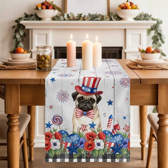 Independence Day Table Runner, Cartoon Pug Dog Cute Puppy Colorful Poppy Wood Grain Washable Cotton-linen Table Runners Dining Kitchen Decoration for Everyday Home Wedding Party Decor, 13 x 36 Inch