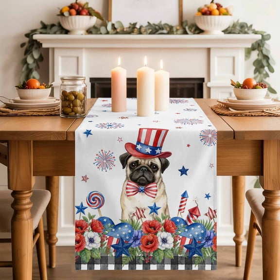 Independence Day Table Runner, Cartoon Pug Dog Cute Puppy Red Blue Flower Washable Cotton-linen Table Runners Dining Kitchen Decoration for Everyday Home Wedding Party Decor, 13 x 36 Inch