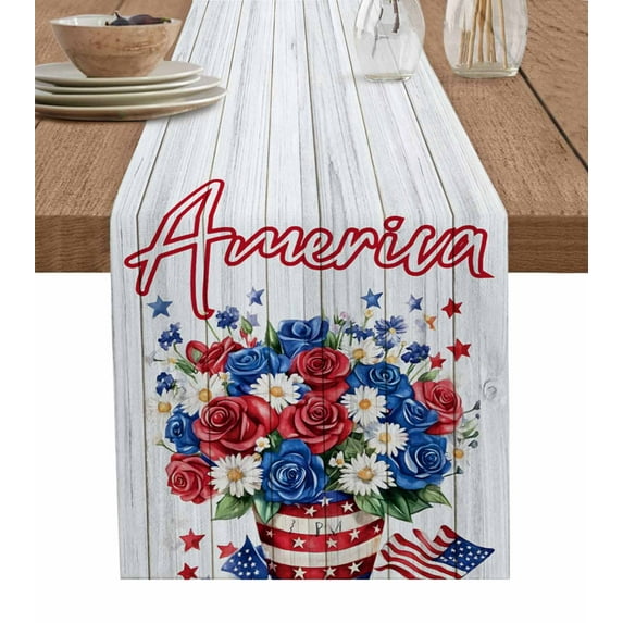 Independence Day Table Runner Cotton Linen 72 Inch Holiday Dresser Scarves, 4 of July Rose Wooden Grain Vintage Tablerunner for Kitchen Coffee Dining Bedroom Living Room Dinner Scarf Décor 13''x72''