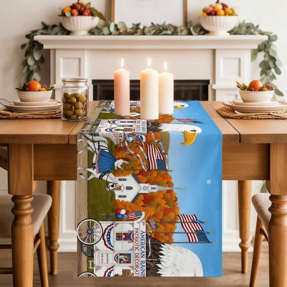 Independence Day Table Runner, Eagle American Flag Carriage Church Abstract Washable Cotton-linen Table Runners Dining Kitchen Decoration for Everyday Home Wedding Party Decor, 18 x72 Inch