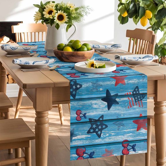 Independence Day Table Runner, Graffiti Five-Pointed Star Blue Wood Grain Washable Kitchen Table Runners Dress Scarves for Dining Table Decorations Party/Restaurant/Indoor Outdoor Use, 13x48in