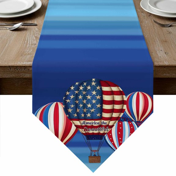 Independence Day Table Runner Linen Burlap Table Runner 36 Inches Small Hot Air Balloon Patriotic Star Dresser Scarves for Kitchen Island Coffee Dining Party Wedding Banquet Holiday Decor 13"x36"