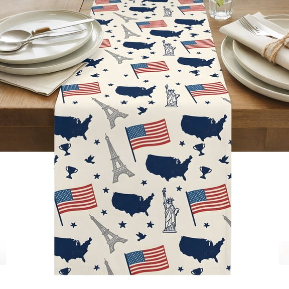 Independence Day Table Runner Patriotic American Flag Tower Map Tablerunners 13 x 36 Inch, Table Decorations Tabletop Scarf for Summer Gathering Holiday Farmhouse Kitchen Dining Decor