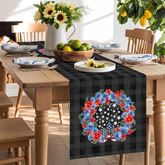 Independence Day Table Runner, Red Blue Flower Black Plaid Bow Star Abstract Washable Kitchen Table Runners Dress Scarves for Dining Table Decorations Party/Restaurant/Indoor Outdoor Use, 13x36in
