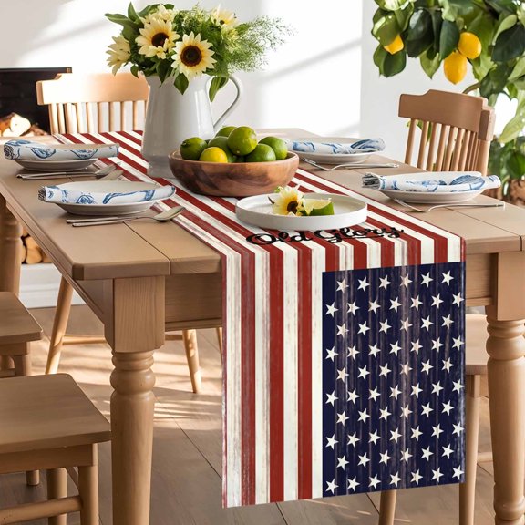 Independence Day Table Runner, U.S. Flag Themed Five-Pointed Star Old Glory Washable Kitchen Table Runners Dress Scarves for Dining Table Decorations Party/Restaurant/Indoor Outdoor Use, 13x60in
