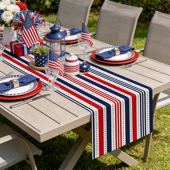 Independence Day Table Runner – USA Flag and Star Pattern Holiday Party Table Decoration, Red White Blue Polyester Placemat, Reusable 4th of July Table Decor