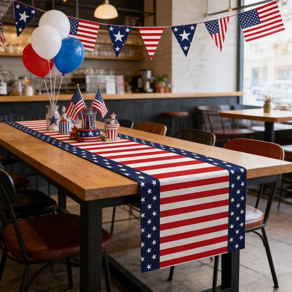 Independence Day Table Runner – USA Flag and Star Pattern Holiday Party Table Decoration, Red White Blue Polyester Placemat, Reusable 4th of July Table Decor