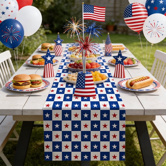Independence Day Table Runner – USA Flag and Star Pattern Holiday Party Table Decoration, Red White Blue Polyester Placemat, Reusable 4th of July Table Decor