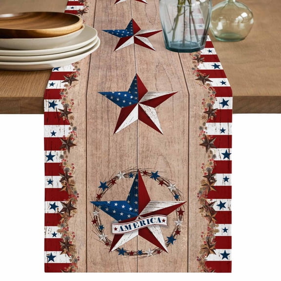 Independence Day Table Runner, Vintage U.S. Flag Country Stars America Wood Grain Cotton Linen Kitchen Table Decoration Washable Dining Tabletop Runners for Home Party Decor 13x48 Inches