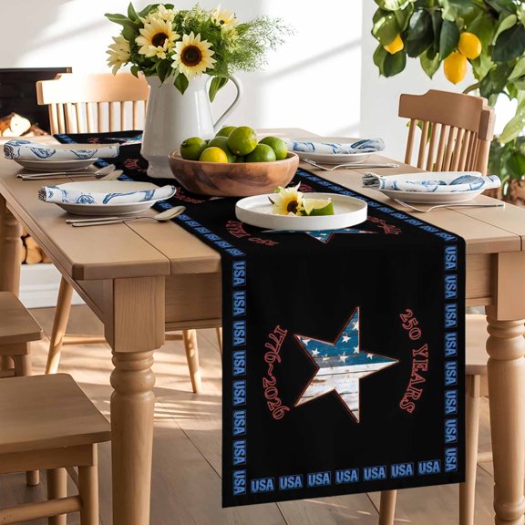 Independence Day Table Runner, Wooden Stars 250 Year USA 1776-2026 Black Washable Kitchen Table Runners Dress Scarves for Dining Table Decorations Party/Restaurant/Indoor Outdoor Use, 13x48in