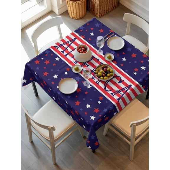 Independence Day Tablecloth Square Table Cloth 54x54,Waterproof Outdoor Table Cloth Covers Decorative Table Protector,American Flag Red Blue Star Striped Washable Kitchen Party Dinning Table Cover