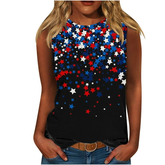 Independence Day Tank Tops for Women Sleeveless Patriotic T-Shirts Round Neck Pullover Sweater Blouses American Flag Graphic Printed Tunic Tee Workout Going Out Outfits 2025