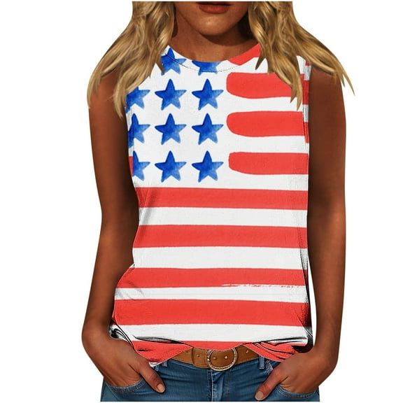 Independence Day Tank Tops for Women Sleeveless Patriotic T-Shirts Round Neck Pullover Sweater Blouses American Flag Graphic Printed Tunic Tee Workout Going Out Outfits 2025