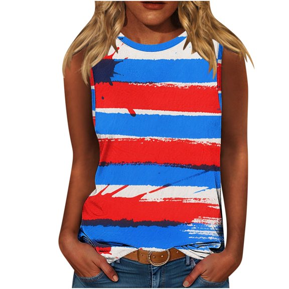 Independence Day Tank Tops for Women Sleeveless Patriotic T-Shirts Round Neck Pullover Sweater Blouses American Flag Graphic Printed Tunic Tee Workout Going Out Outfits 2025