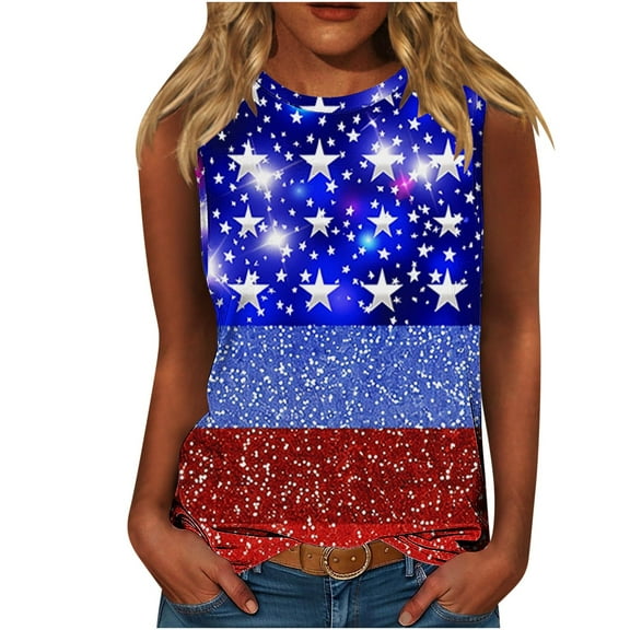 Independence Day Tank Tops for Women Sleeveless Patriotic T-Shirts Round Neck Pullover Sweater Blouses American Flag Graphic Printed Tunic Tee Workout Going Out Outfits 2025
