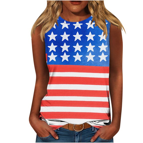 Independence Day Tank Tops for Women Sleeveless Patriotic T-Shirts Round Neck Pullover Sweater Blouses American Flag Graphic Printed Tunic Tee Workout Going Out Outfits 2025