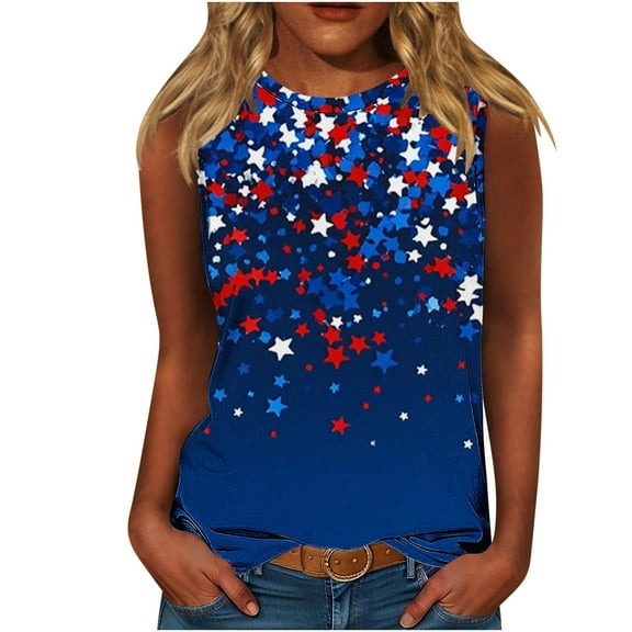 Independence Day Tank Tops for Women Sleeveless Patriotic T-Shirts Round Neck Pullover Sweater Blouses American Flag Graphic Printed Tunic Tee Workout Going Out Outfits 2025