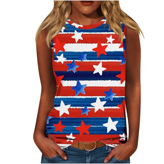 Independence Day Tank Tops for Women Sleeveless Patriotic T-Shirts Round Neck Pullover Sweater Blouses American Flag Graphic Printed Tunic Tee Workout Going Out Outfits 2025