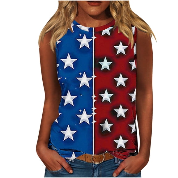 Independence Day Tank Tops for Women Sleeveless Patriotic T-Shirts Round Neck Pullover Sweater Blouses American Flag Graphic Printed Tunic Tee Workout Going Out Outfits 2025
