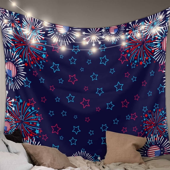 Independence Day Tapestry for Bedroom Wall Hanging Tapestry,Blue Fireworks US Flag Stars Sparklers Modern Ceiling Backdrop Tapestries Poster Blanket Wall Decor for Teens Room Living Room 59" x 79"